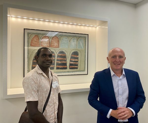 Kenneth Dawson has a one-to-one meeting with MP Hon Stephen Dawson sharing his Cultural knowledge at Dumas House, Perth (Feb 2022)